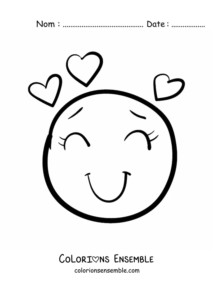 Image à colorier d'un emoji de visage souriant amoureux entouré de cœurs
