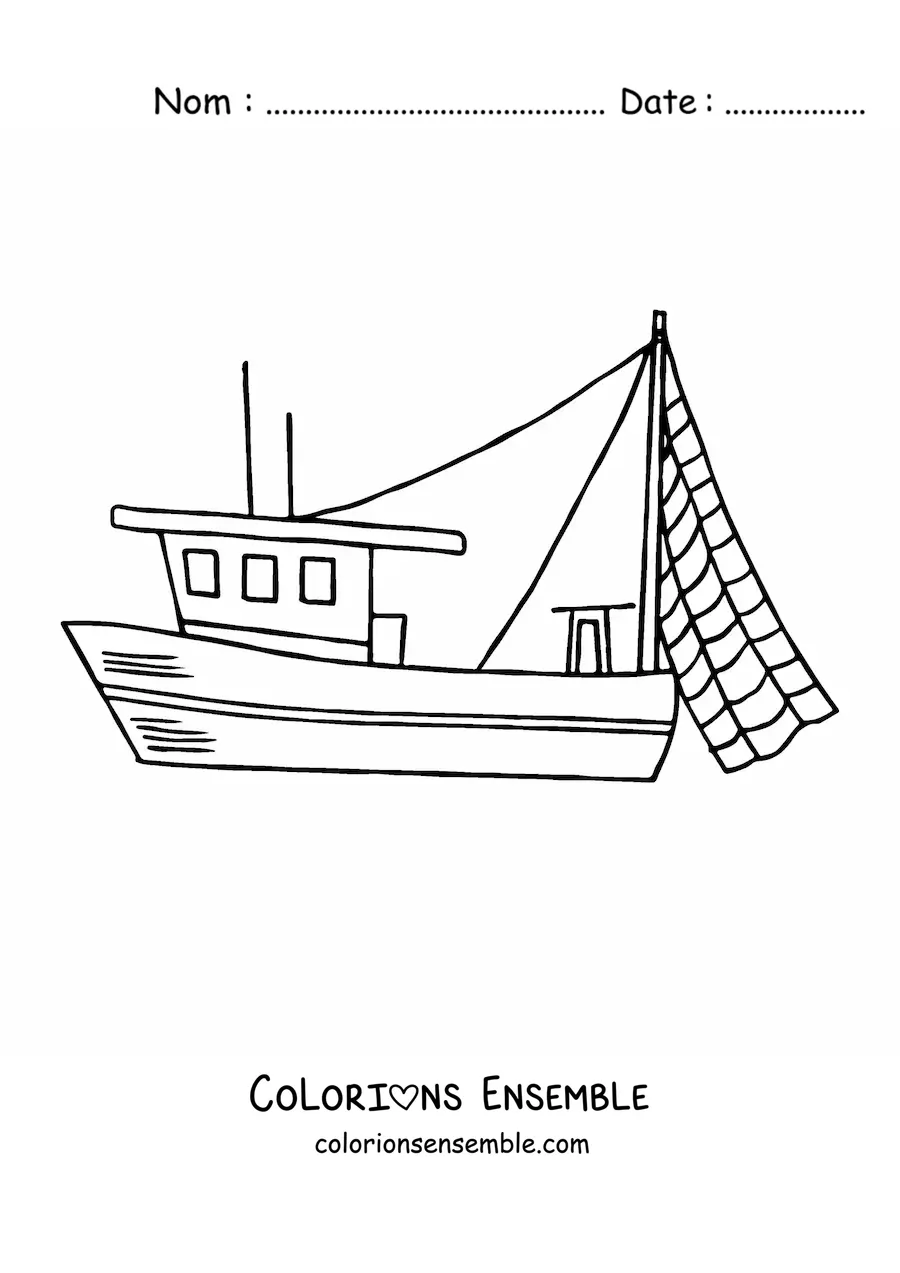 Image à colorier d'un bateau de pêche avec un filet