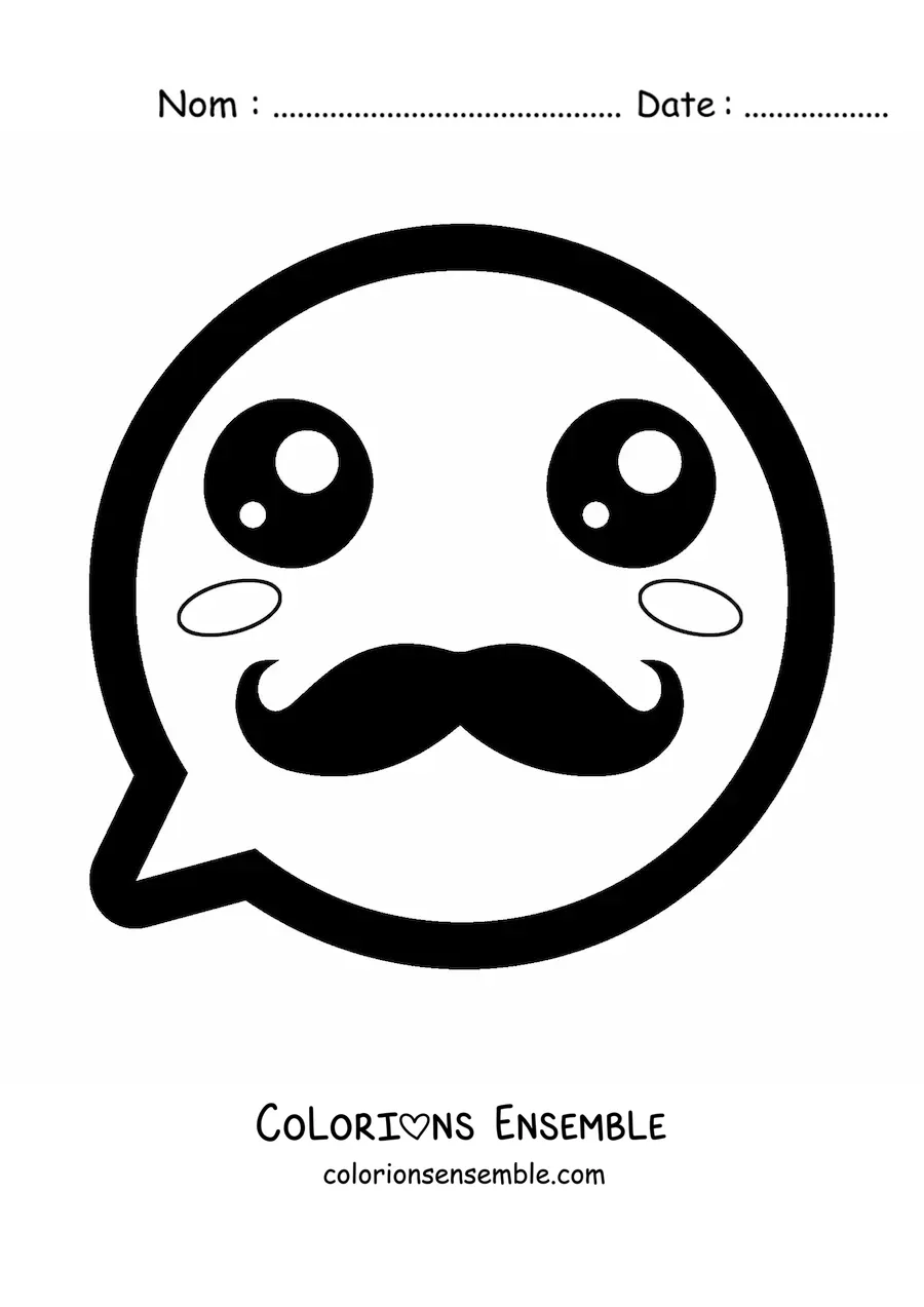 Image à colorier d'un emoji kawaii qui sourit avec une moustache