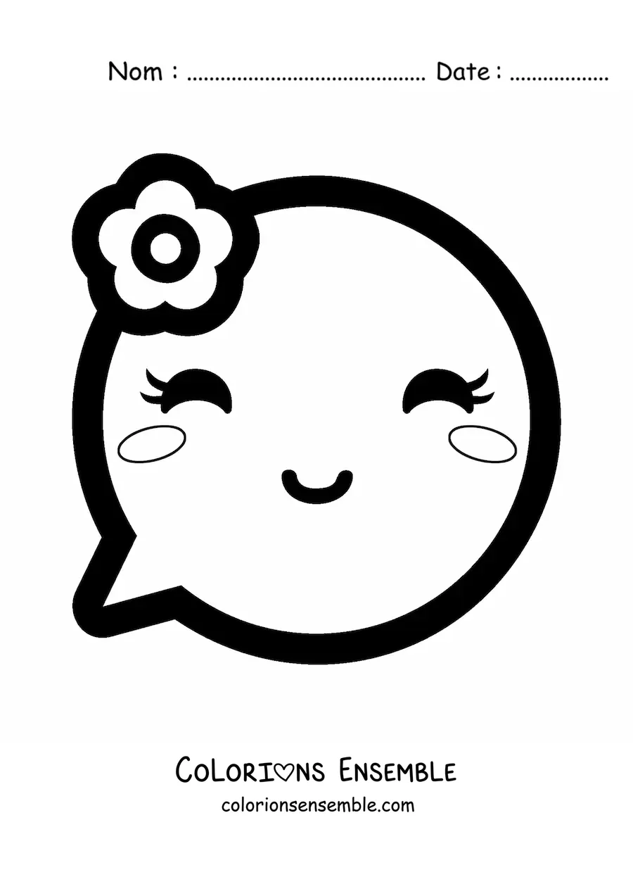 Image à colorier d'un emoji kawaii qui sourit avec une fleur