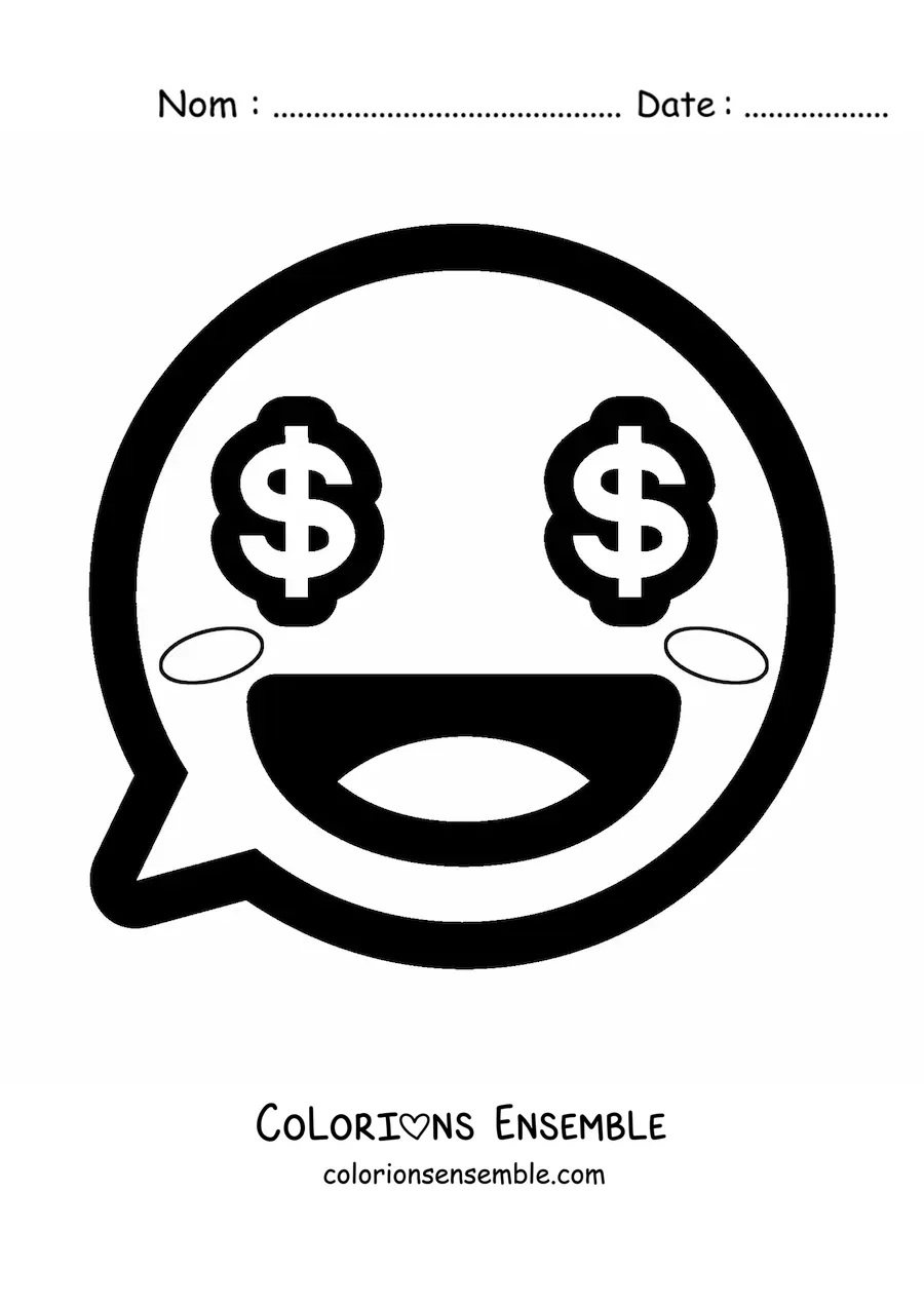 Image à colorier d'un emoji kawaii qui sourit avec des yeux en dollars
