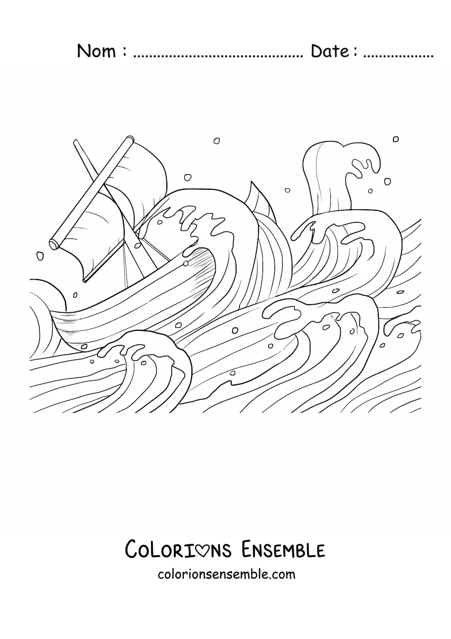 Image à colorier d'un bateau au milieu d'une tempête