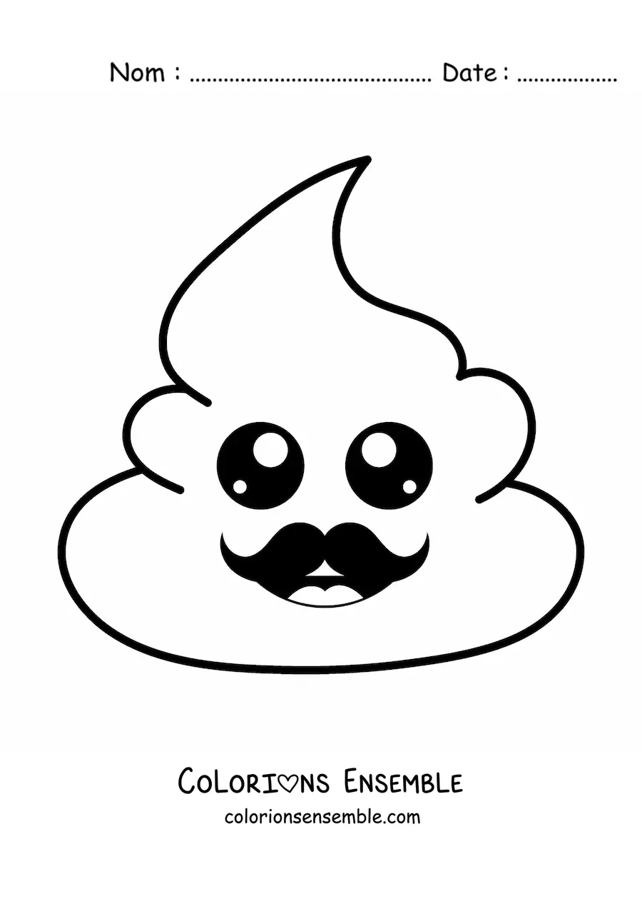 Image à colorier d'un emoji de petit caca heureux avec une moustache