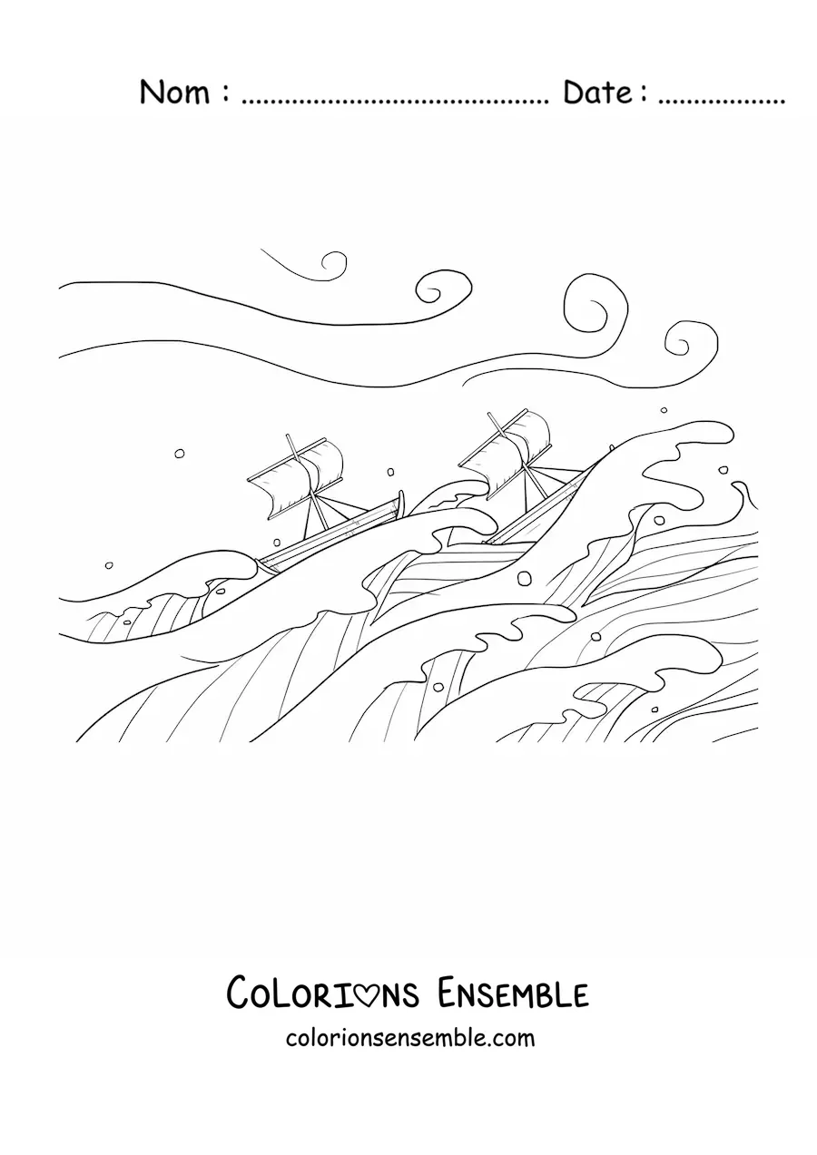 Image à colorier de deux bateaux au milieu d'une tempête