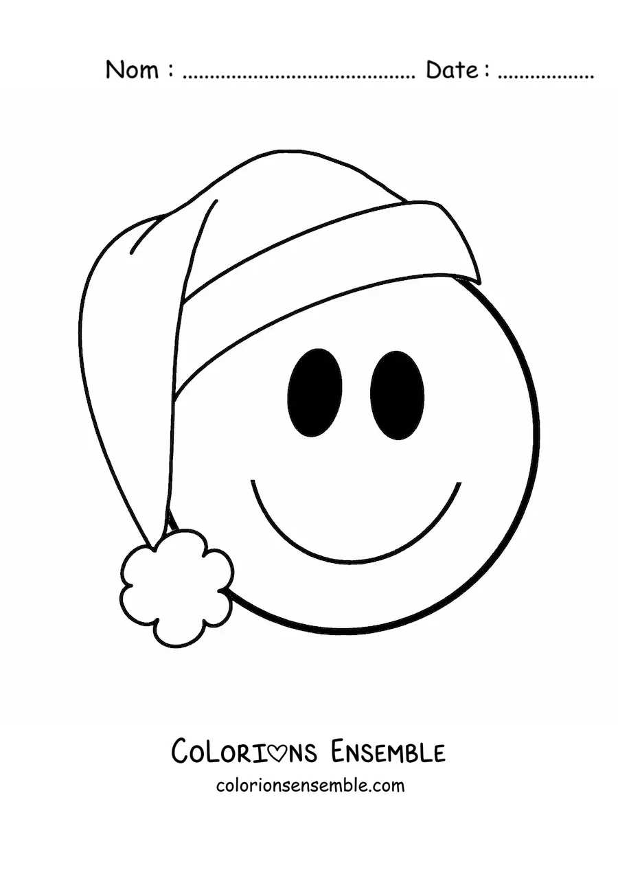 Image à colorier d'un emoji de visage heureux avec un bonnet de Noël