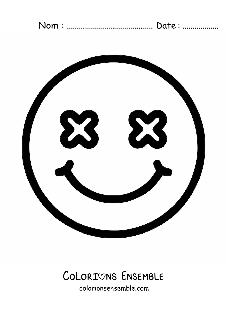 Image à colorier d'un emoji de visage heureux avec des yeux en croix