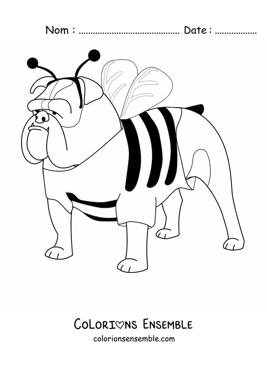 Image à colorier d’un bouledogue déguisé en abeille