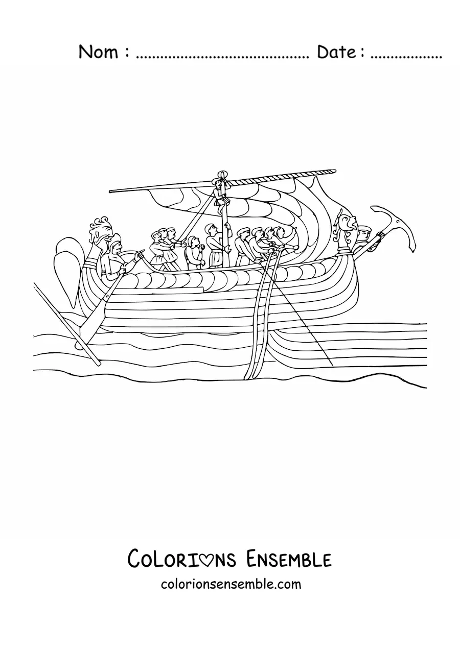 Image à colorier d'un vieux navire avec son équipage sur la mer