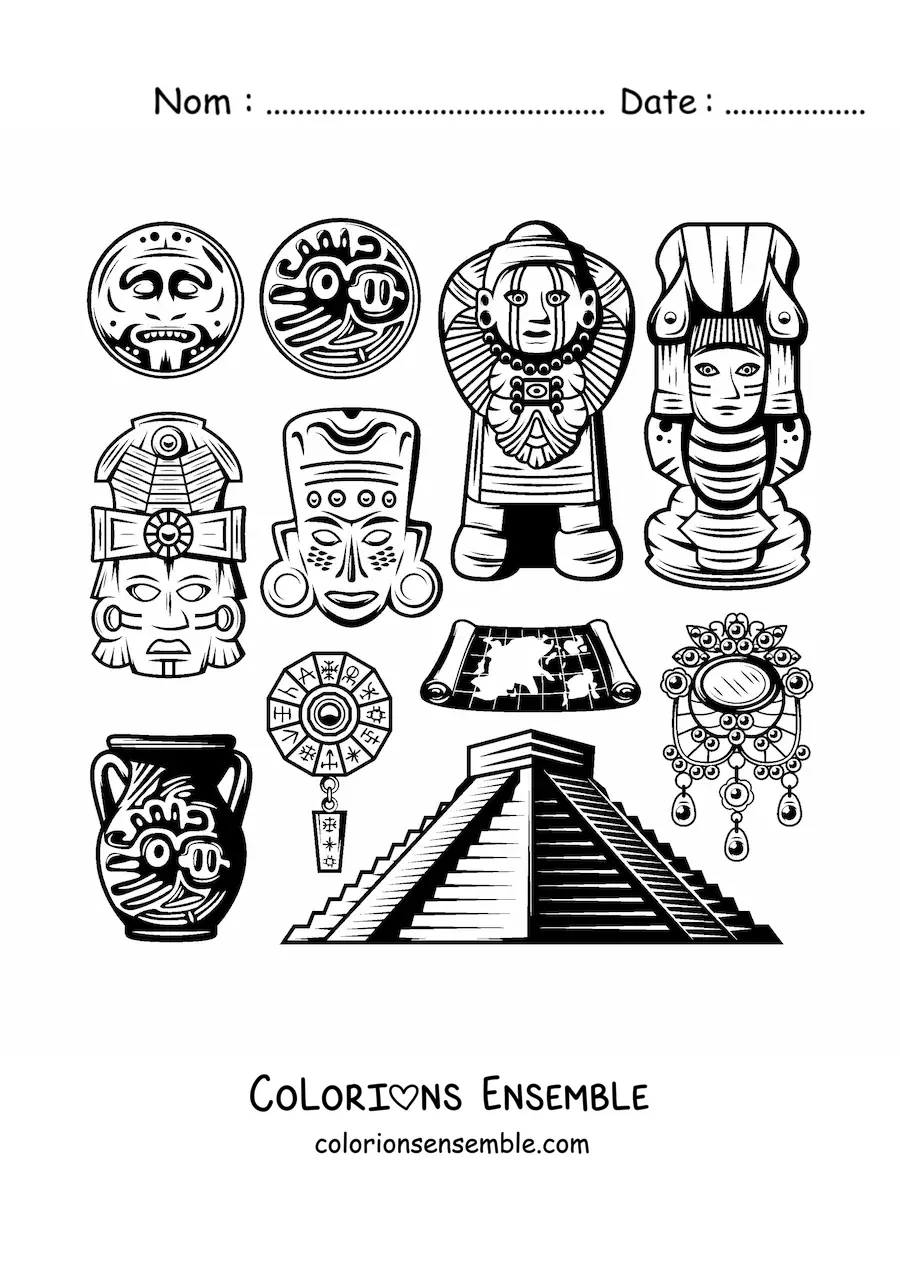 Image à colorier d'une pyramide et d'art maya