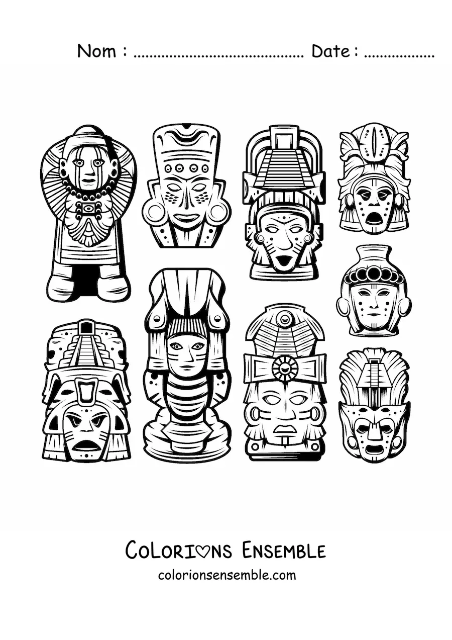 Image à colorier de masques et d'objets artisanaux mayas