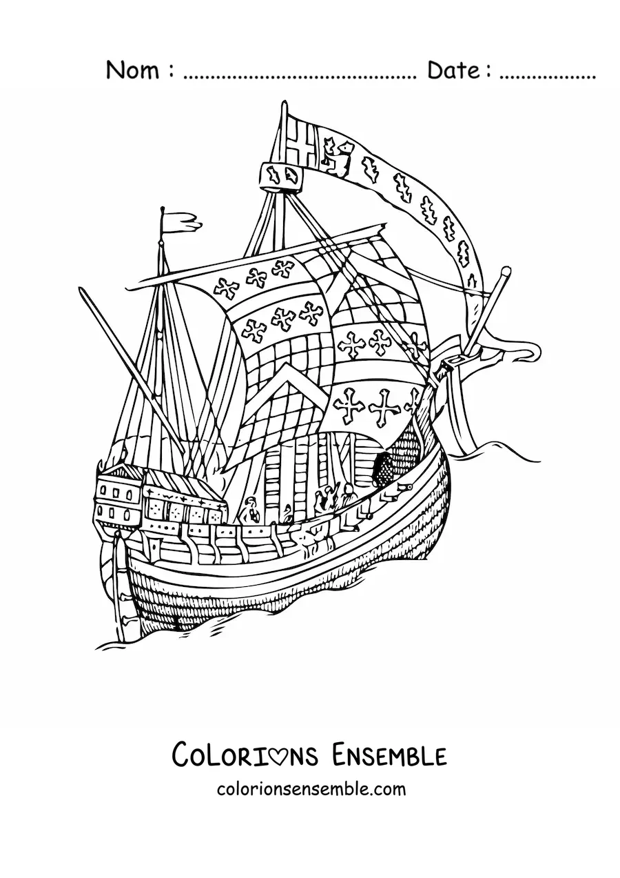 Image à colorier d'un vieux navire sur la mer avec des croix sur les voiles