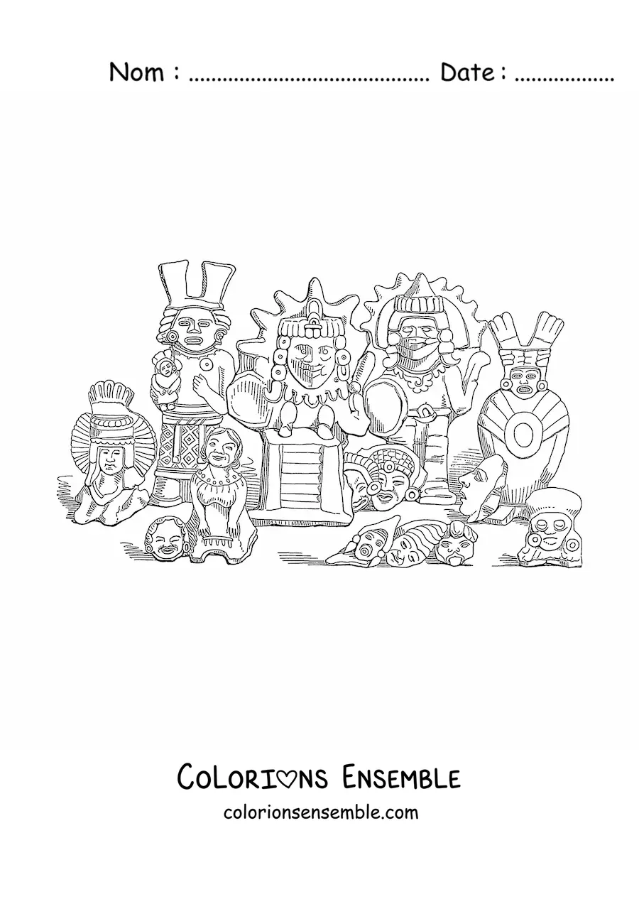 Image à colorier de figurines en argile aztèques