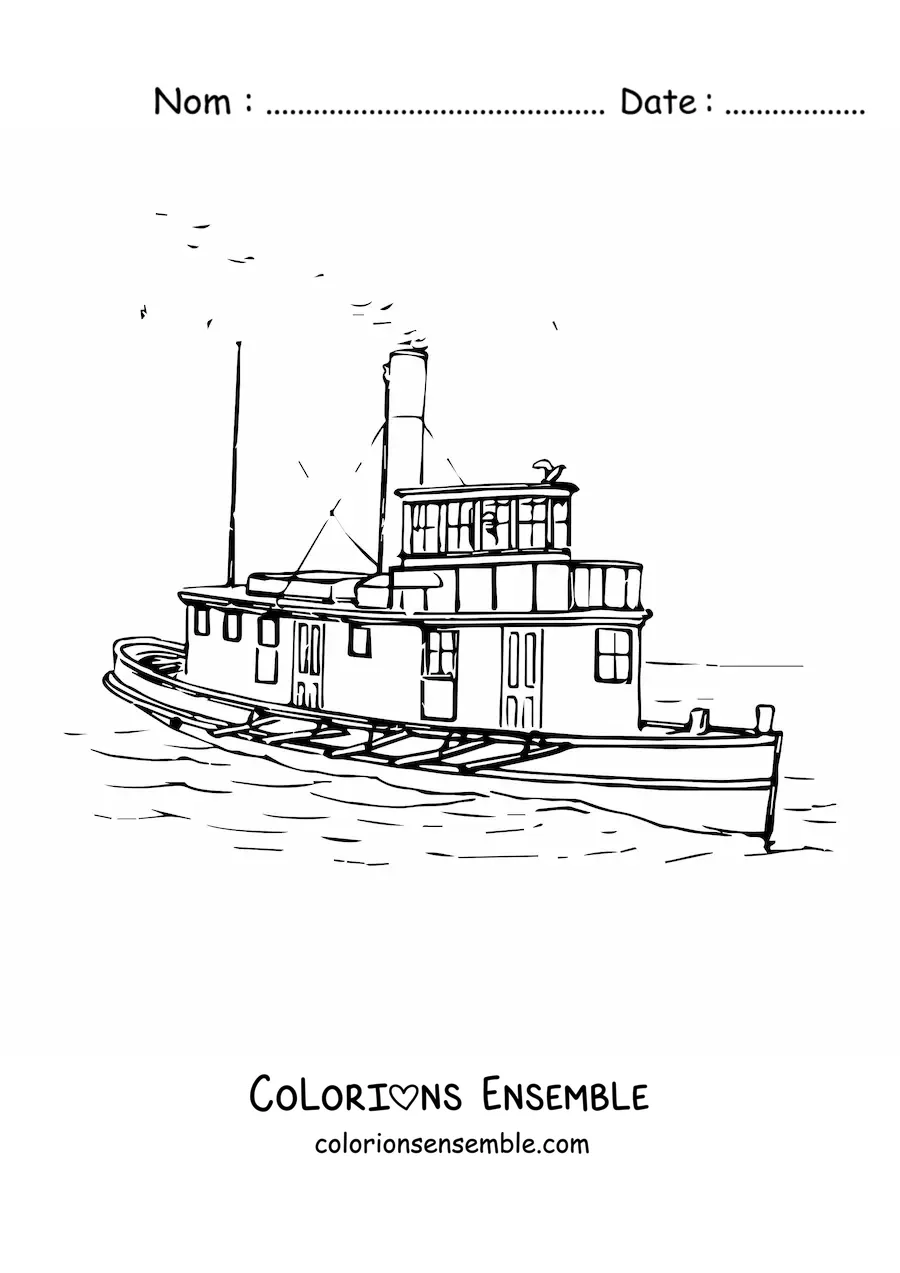 Image à colorier d'un remorqueur à vapeur sur la mer