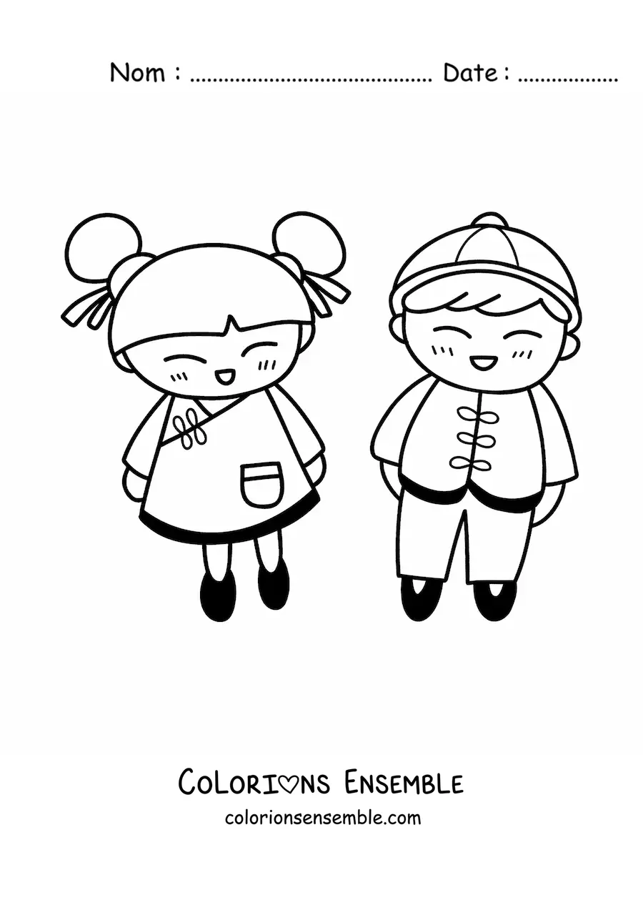 Image à colorier d'enfants chinois kawaii