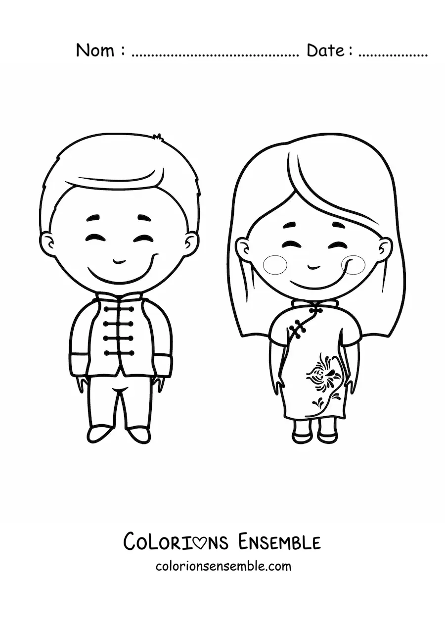 Image à colorier d'un couple chinois animé