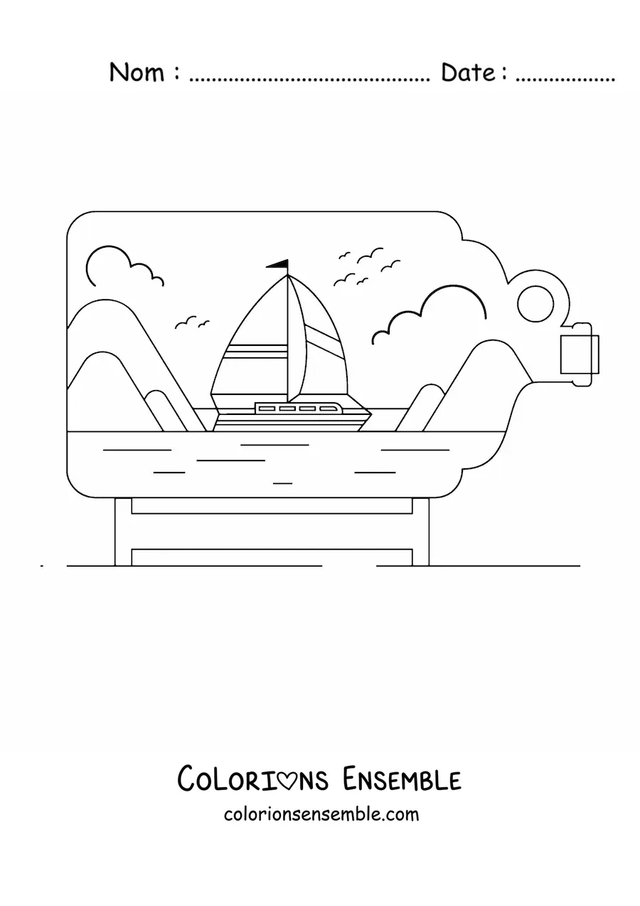 Image à colorier d'un bateau sur la mer avec des nuages, à l'intérieur d'une bouteille