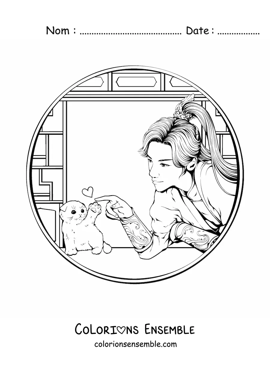 Image à colorier d'une belle guerrière chinoise avec un chat
