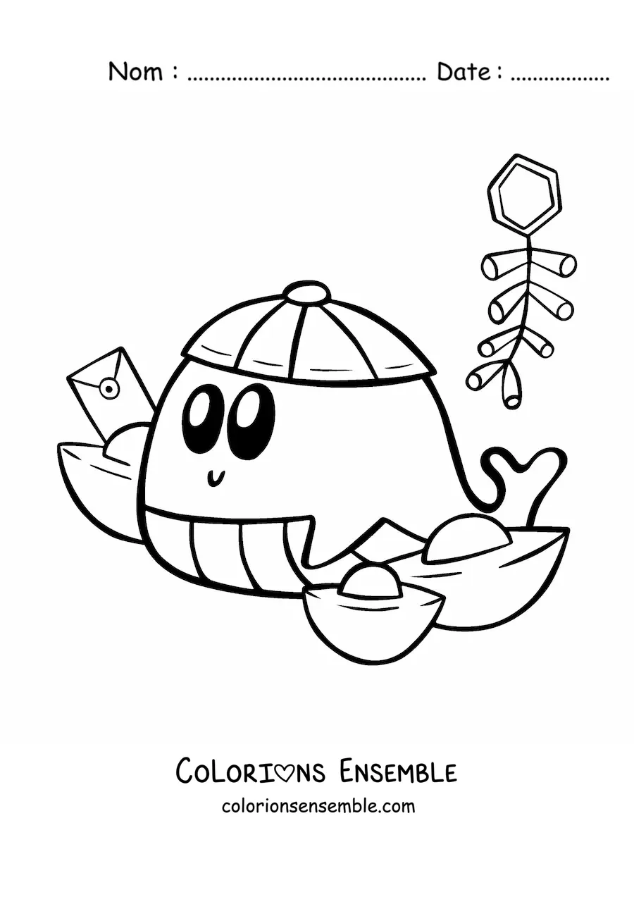 Image à colorier d'une baleine kawaii animée qui fête le Nouvel An chinois