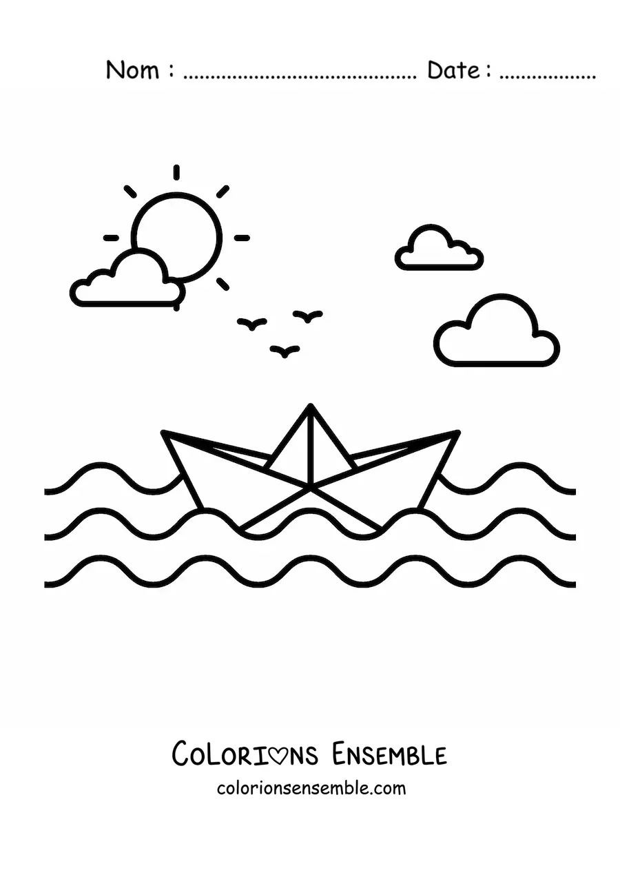 Image à colorier d'un bateau en papier sur la mer