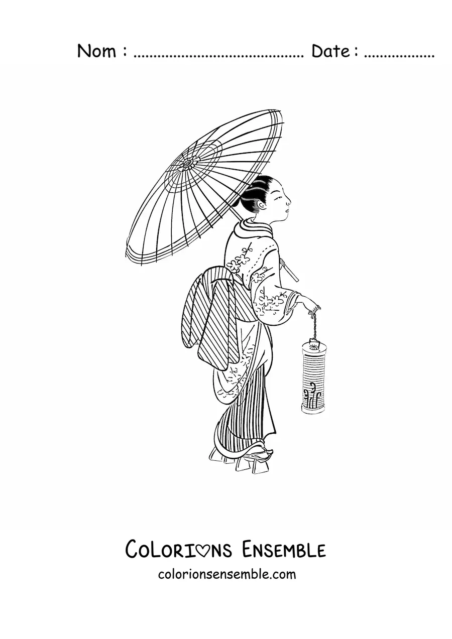 Image à colorier d'une femme chinoise avec une ombrelle