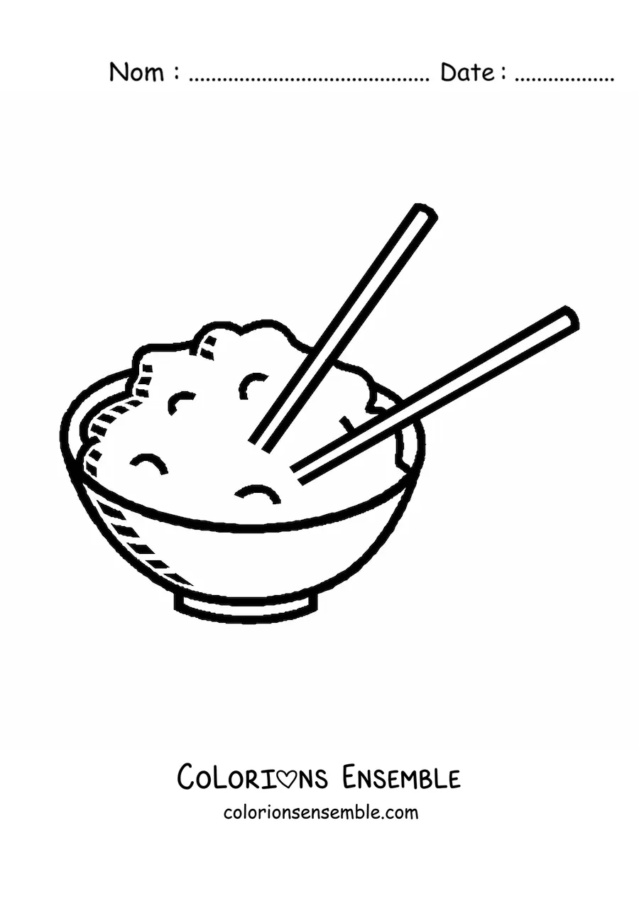 Image à colorier d'une assiette de riz avec des baguettes chinoises