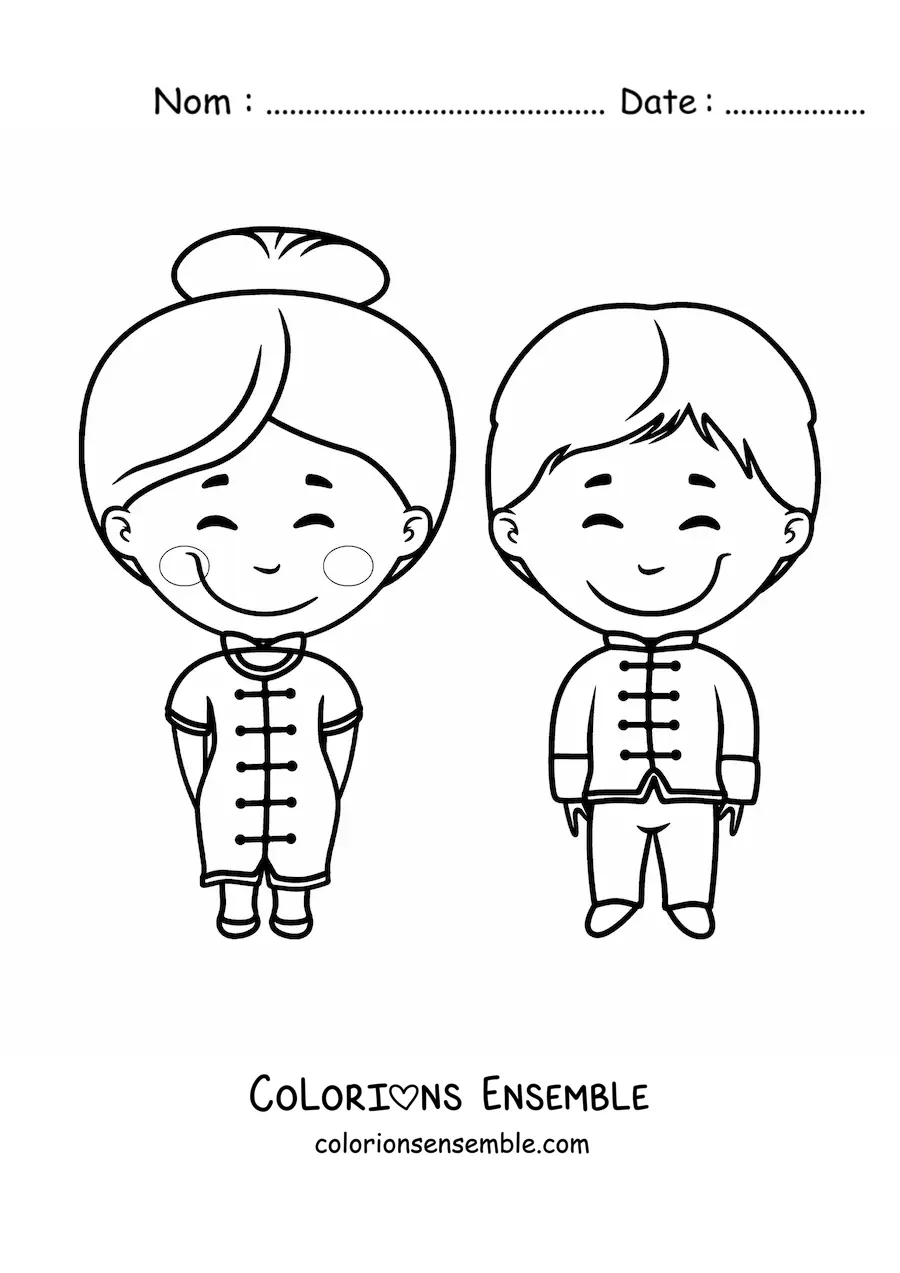 Image à colorier d'un homme et d'une femme chinois en tenue traditionnelle