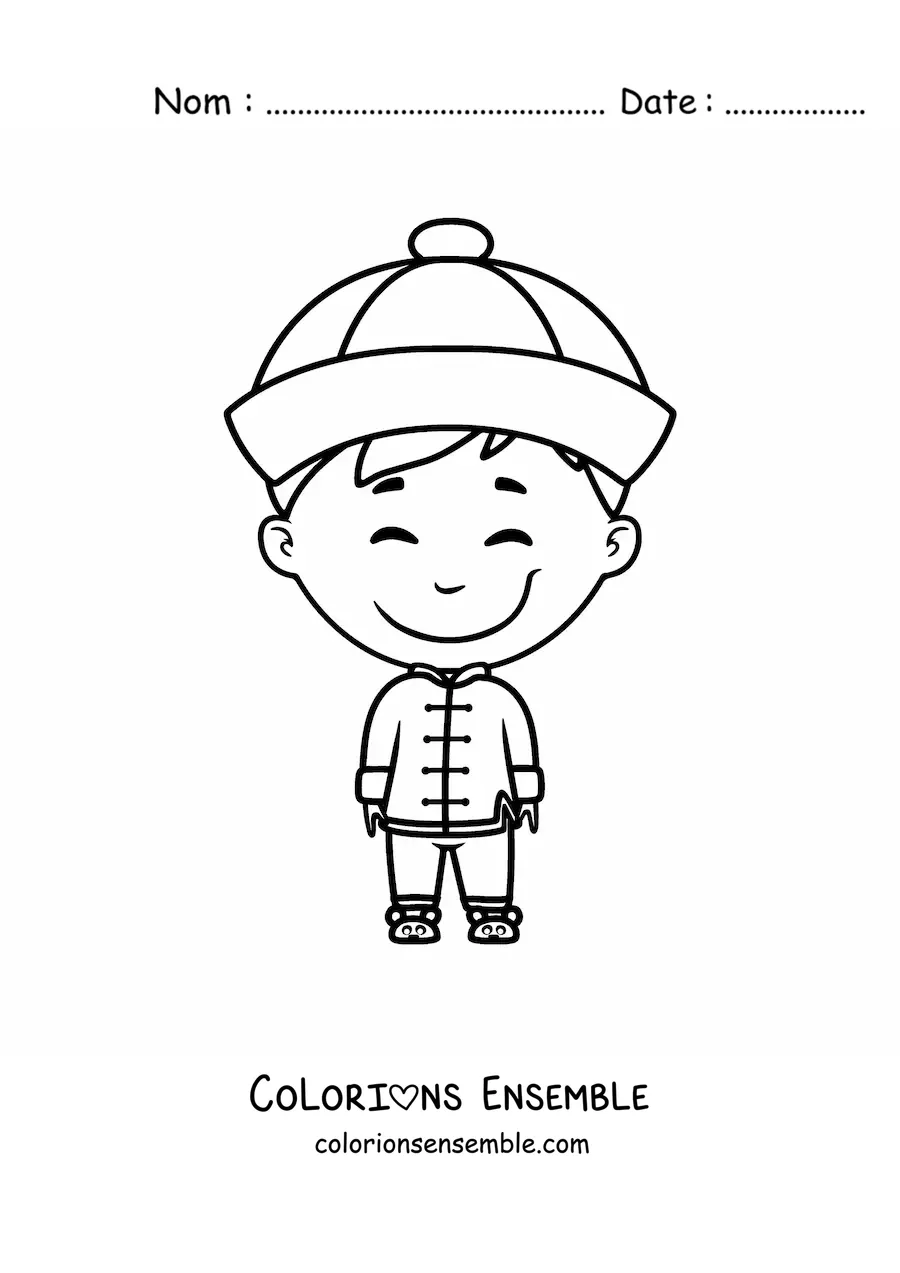 Image à colorier d'un petit garçon chinois en tenue traditionnelle