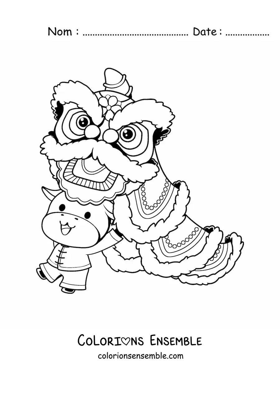 Image à colorier d'une vache rigolote avec un dragon chinois