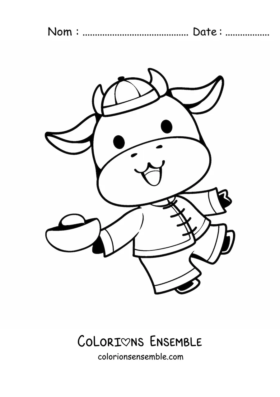 Image à colorier d'une vache rigolote qui fête le Nouvel An chinois