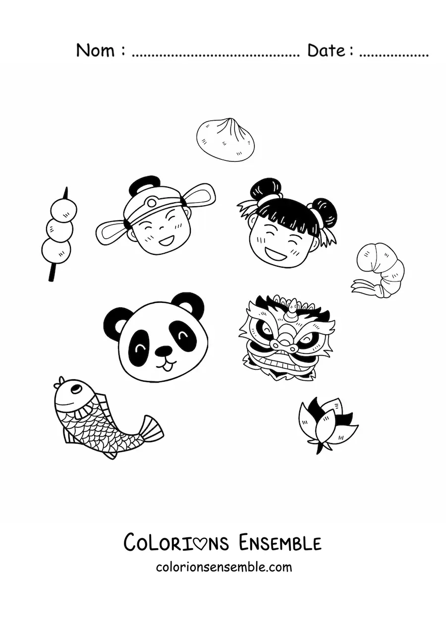 Image à colorier d'enfants chinois kawaii avec un panda et un masque chinois