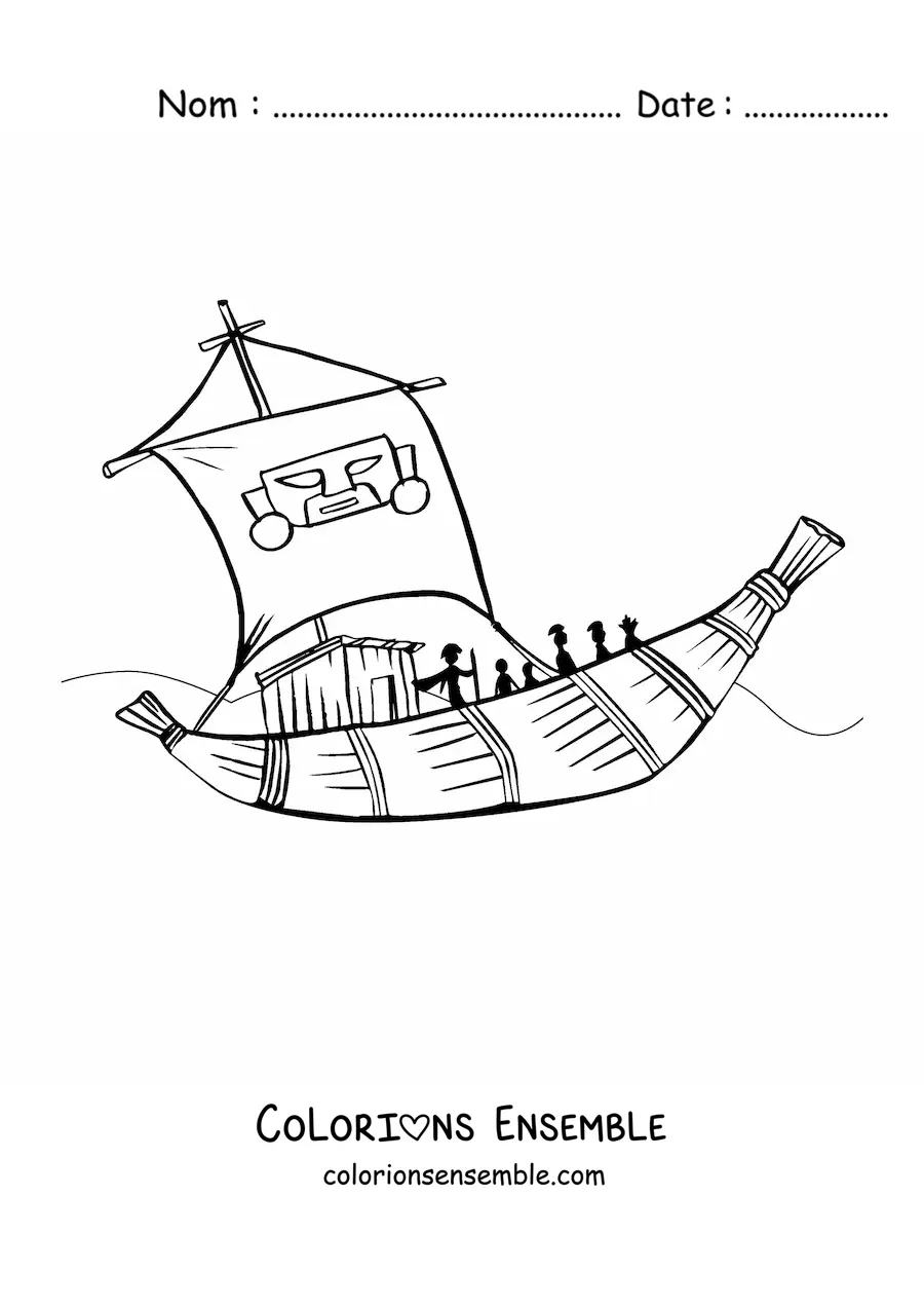 Image à colorier d'un bateau inca avec son équipage sur la mer