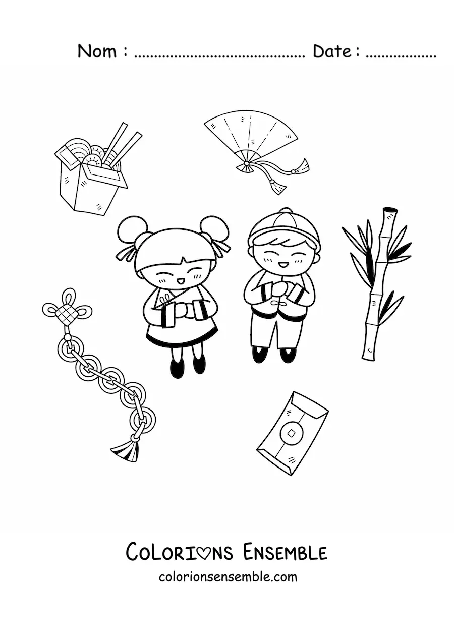 Image à colorier d'enfants chinois kawaii avec des éléments de la culture chinoise