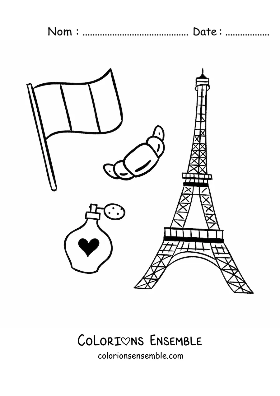 Image à colorier de la tour Eiffel et du drapeau de la France