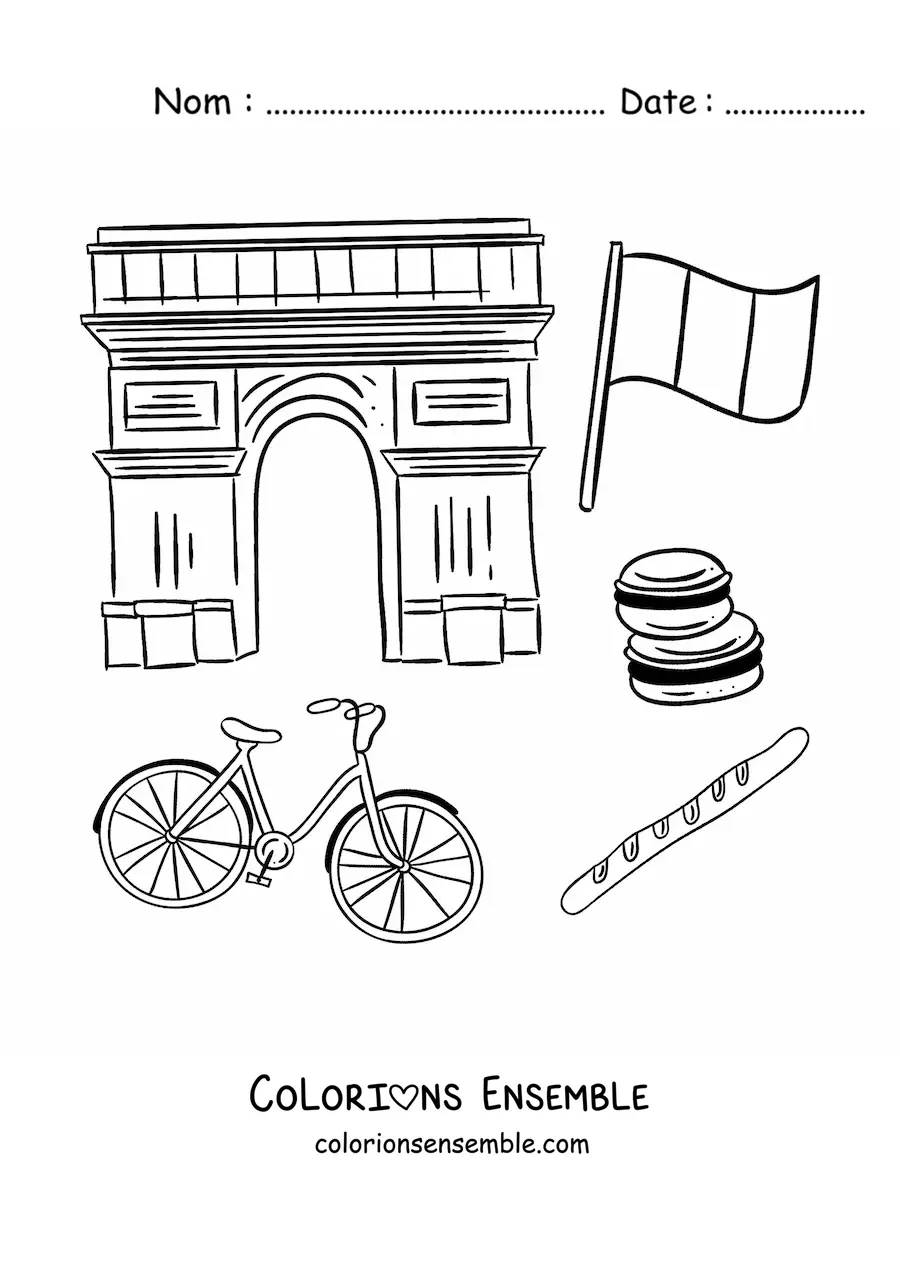 Image à colorier de l'Arc de Triomphe de Paris et du drapeau de la France