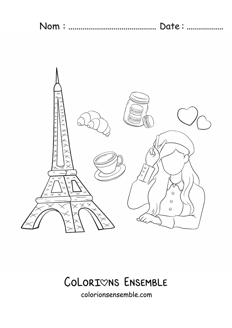 Image à colorier de la tour Eiffel et d'une fille française