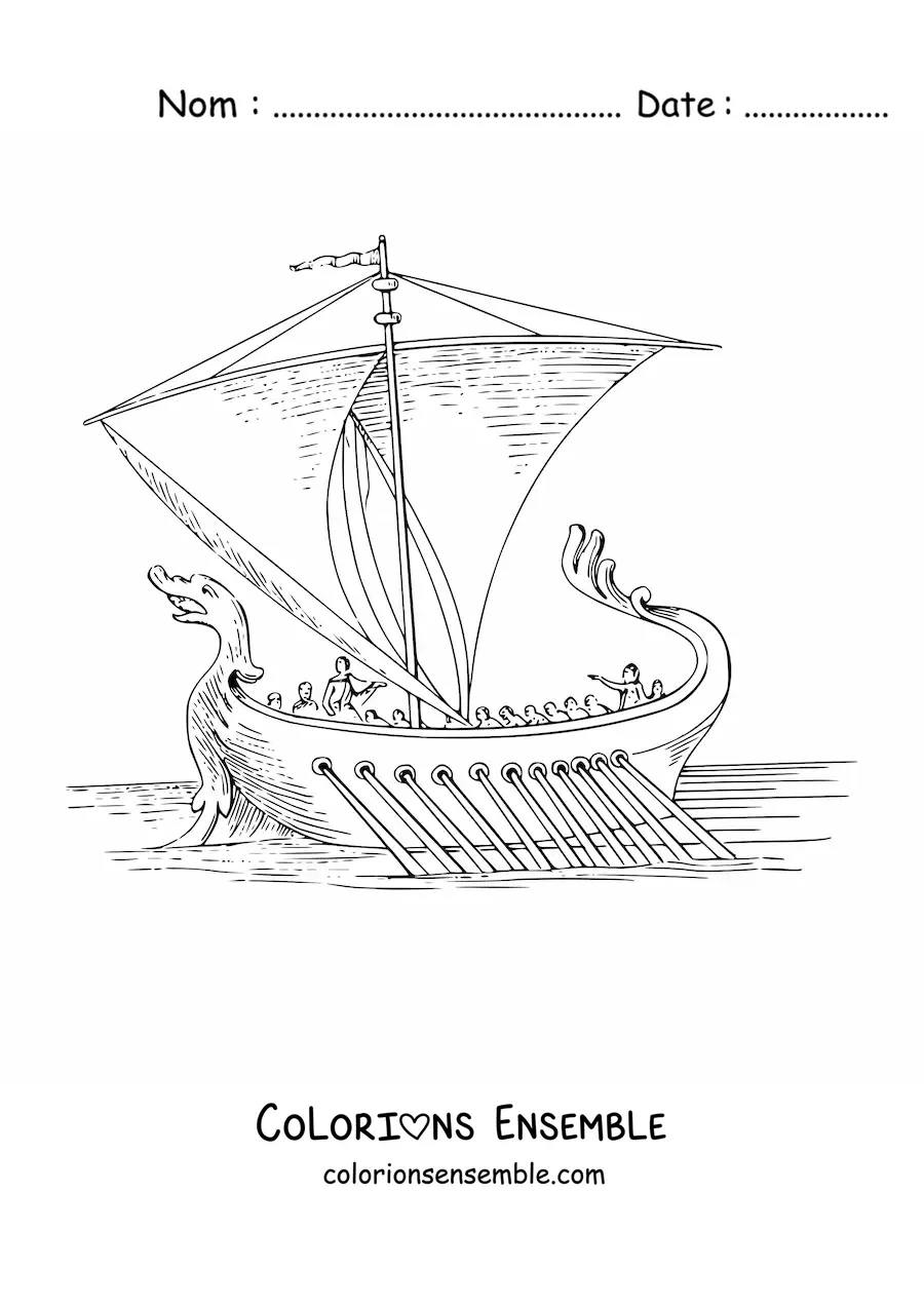 Image à colorier d'un ancien navire romain avec une proue en forme de serpent sur la mer