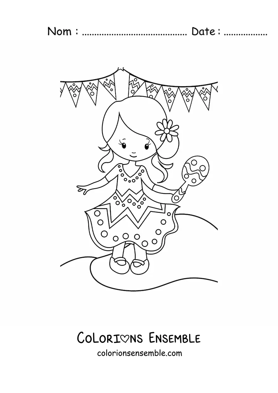 Image à colorier d'une petite fille mexicaine rigolote