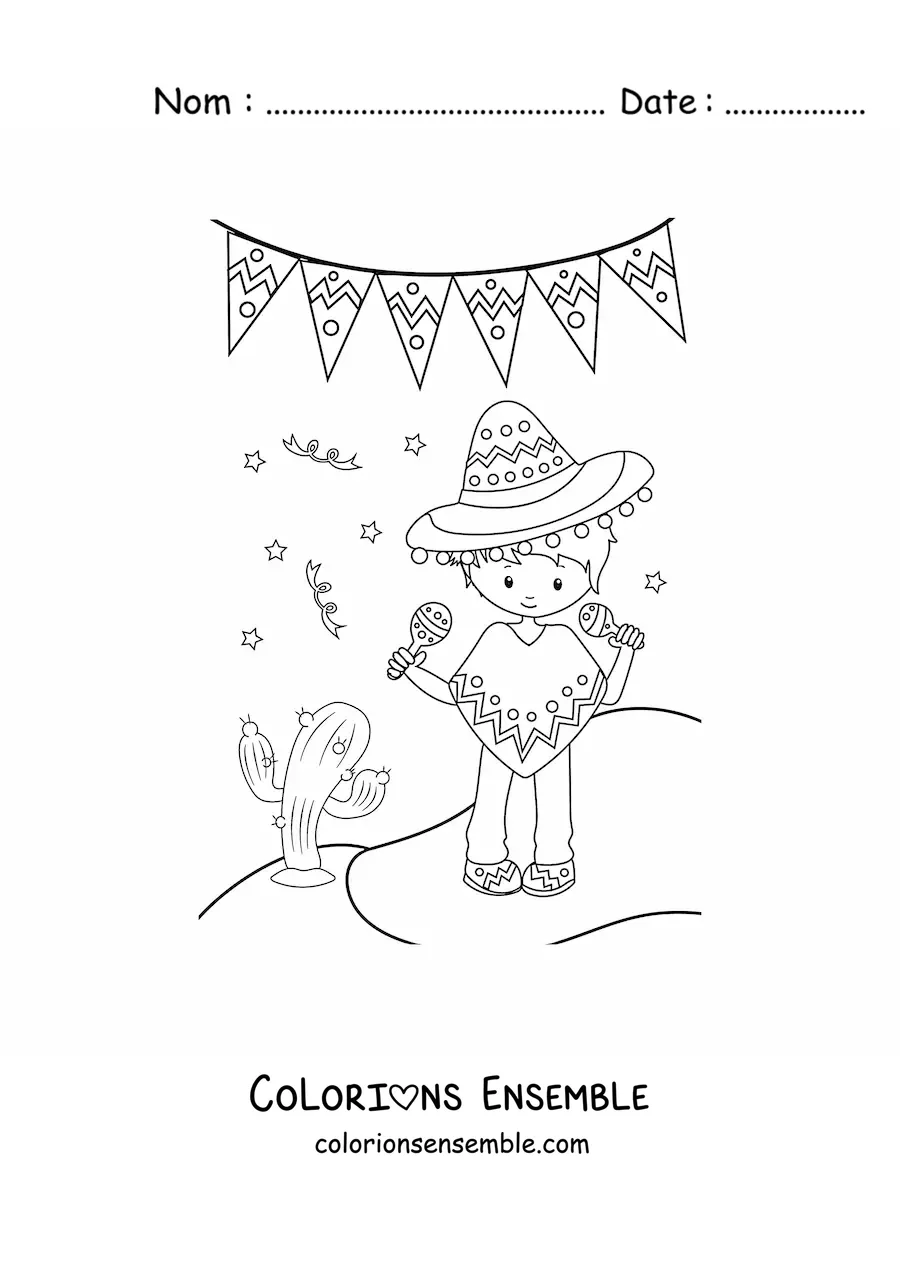Image à colorier d'un petit garçon mexicain rigolo