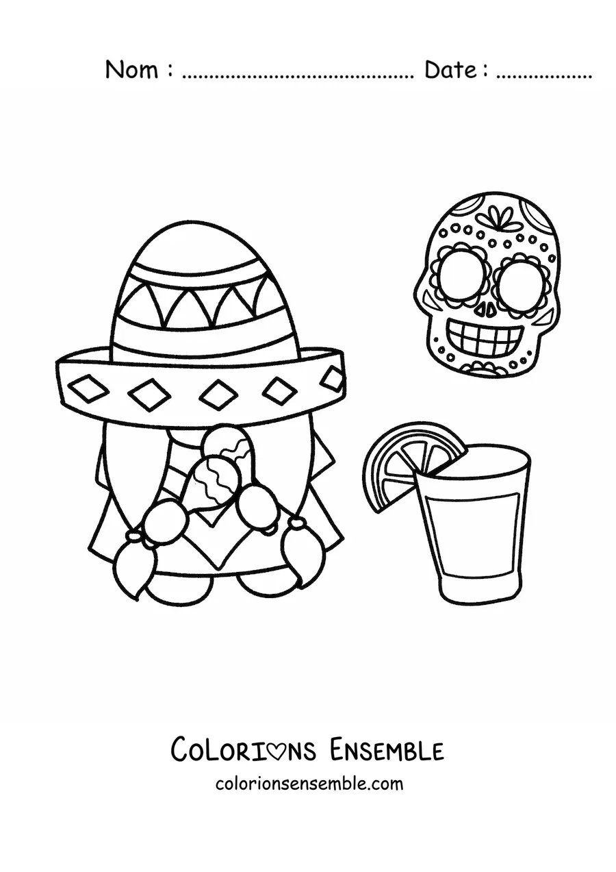 Image à colorier d'un lutin rigolo avec un sombrero mexicain et de la tequila
