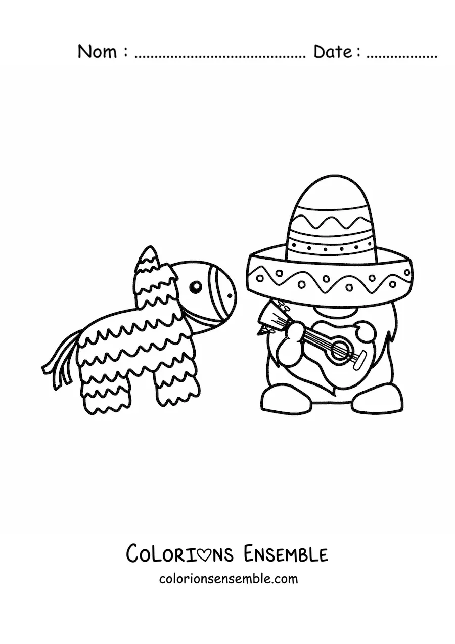 Image à colorier d'un lutin rigolo avec un sombrero mexicain et une piñata