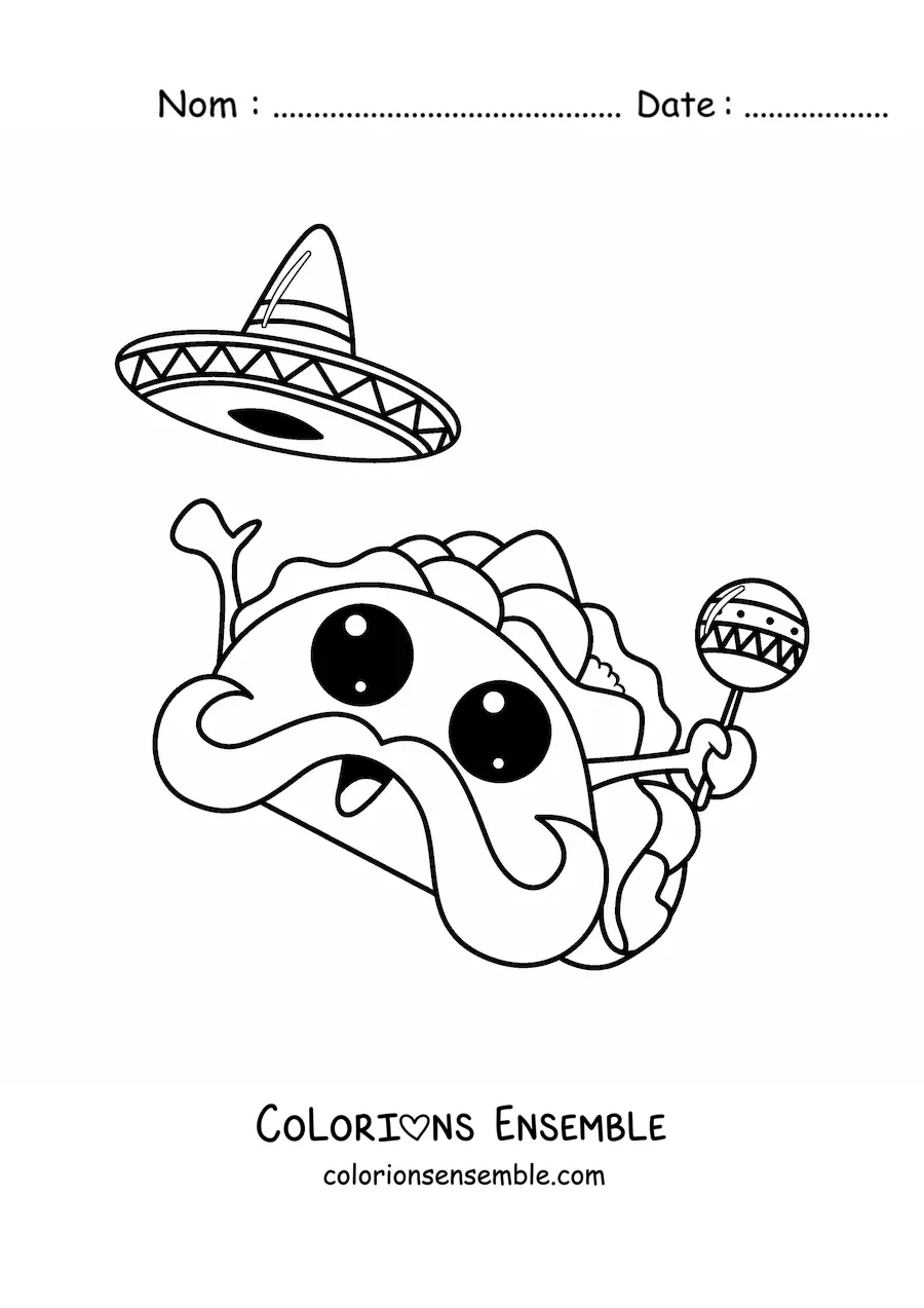 Image à colorier d'un taco mexicain kawaii et rigolo avec un sombrero et une maraca