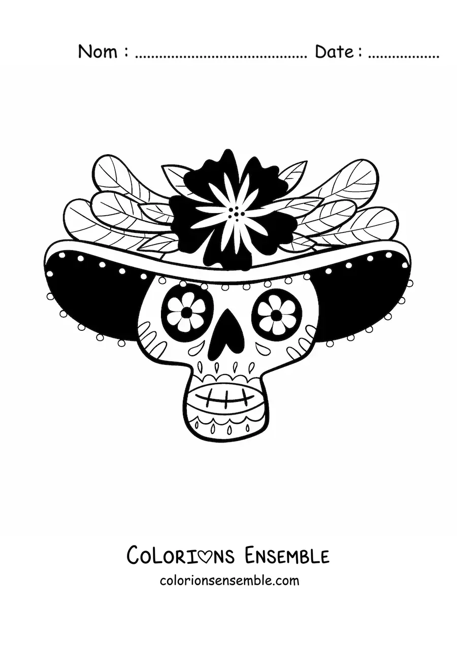 Image à colorier d'un crâne mexicain avec un sombrero