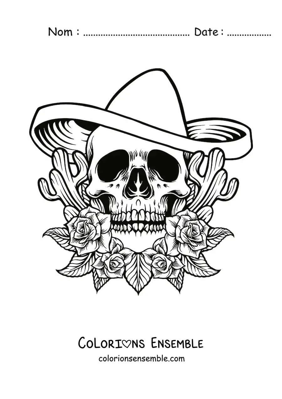 Image à colorier d'un crâne avec un sombrero mexicain