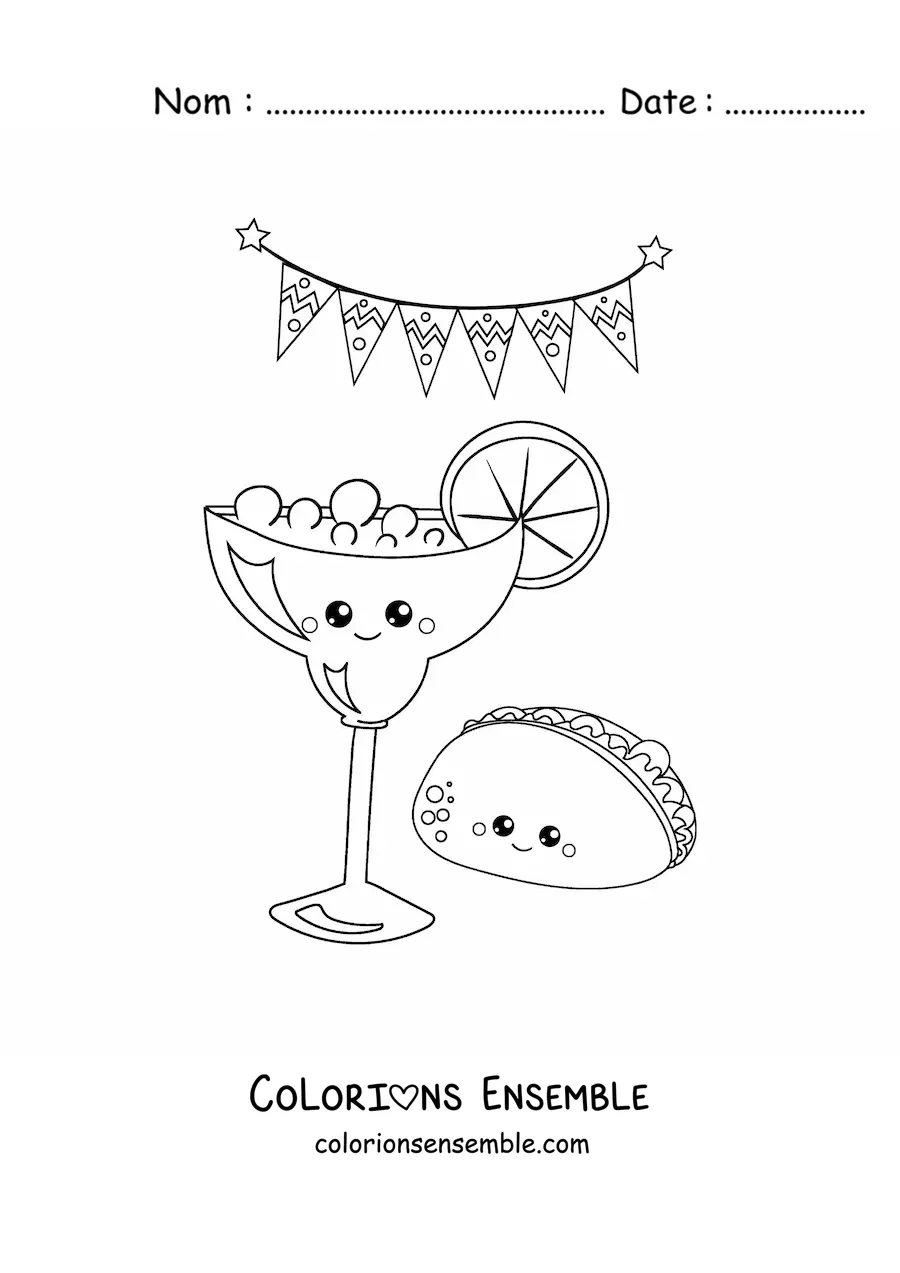Image à colorier d'un taco rigolo avec de la tequila
