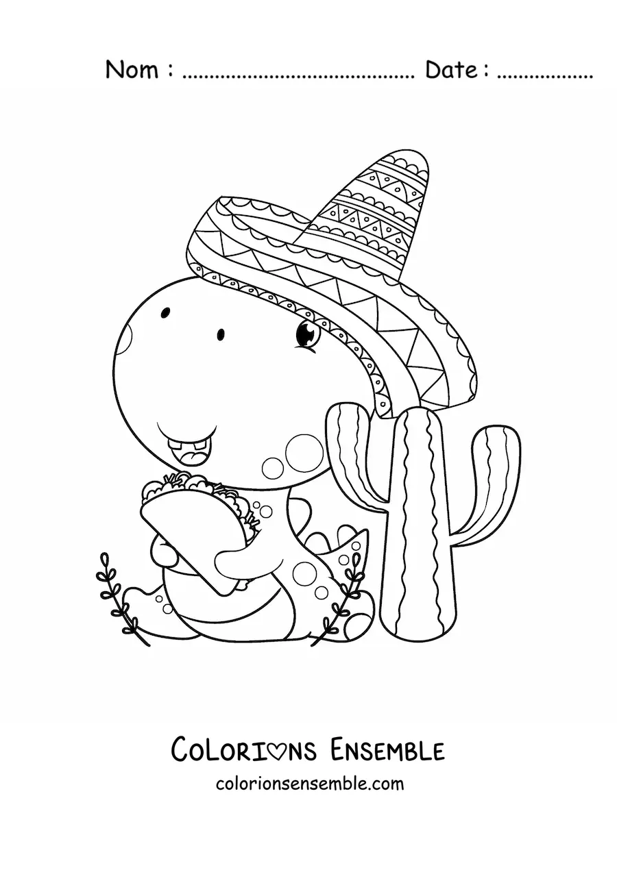 Image à colorier d'un dinosaure rigolo avec un sombrero mexicain et un taco
