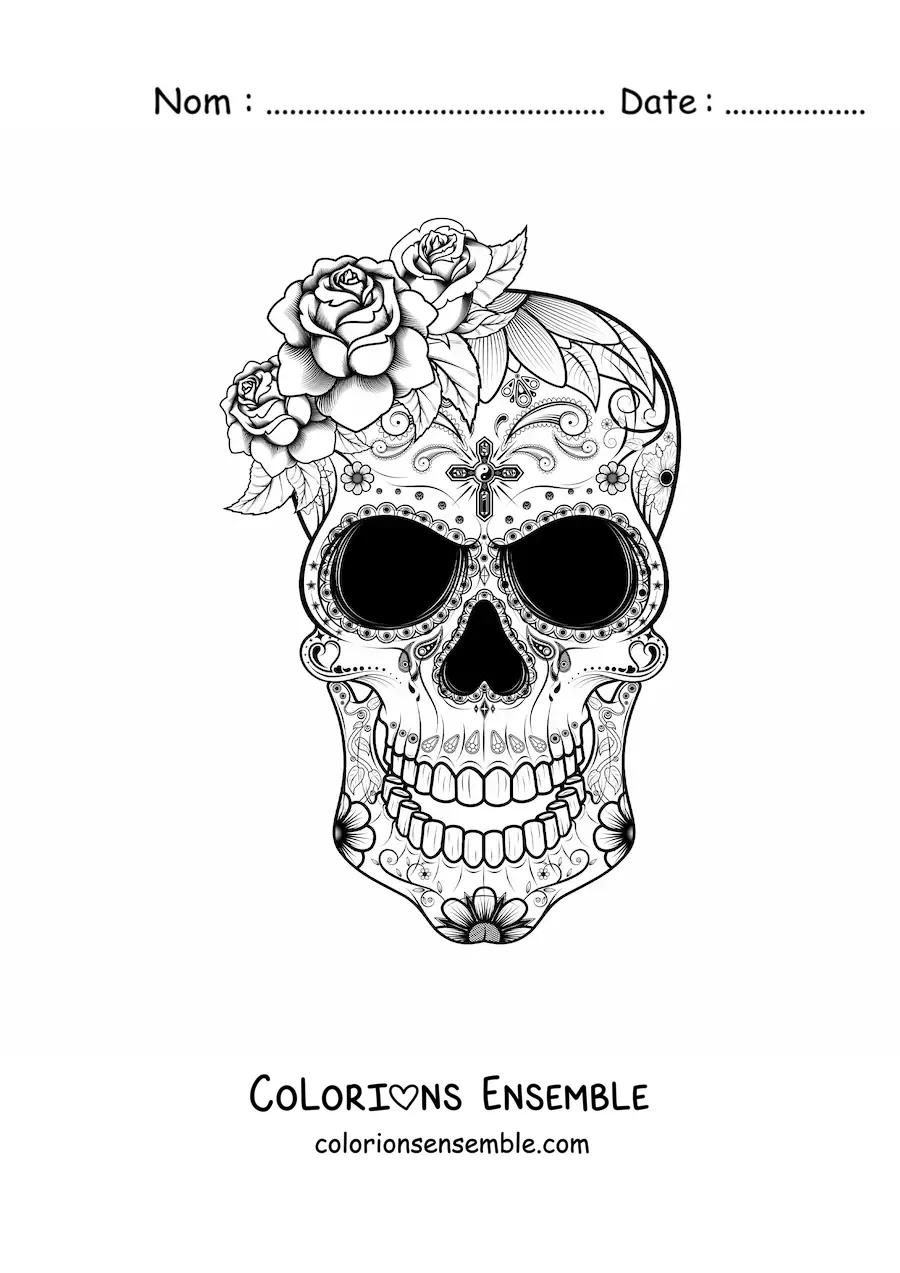 Image à colorier d'un crâne mexicain avec des fleurs
