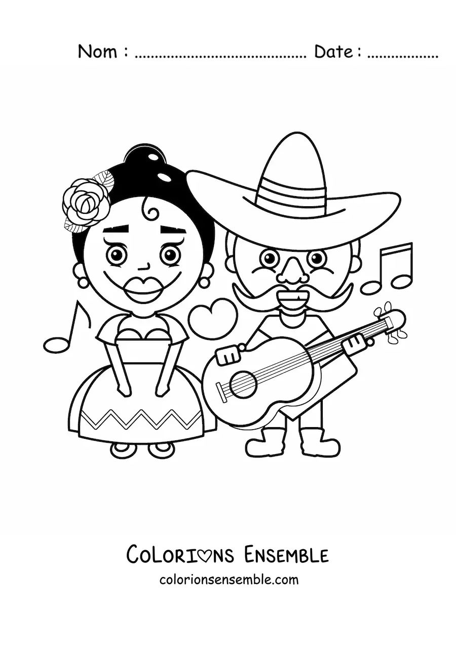 Image à colorier d'un couple mexicain en tenues traditionnelles