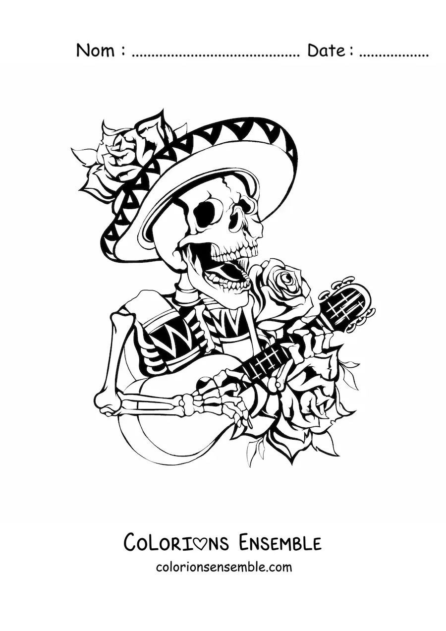 Image à colorier d'un squelette mariachi mexicain