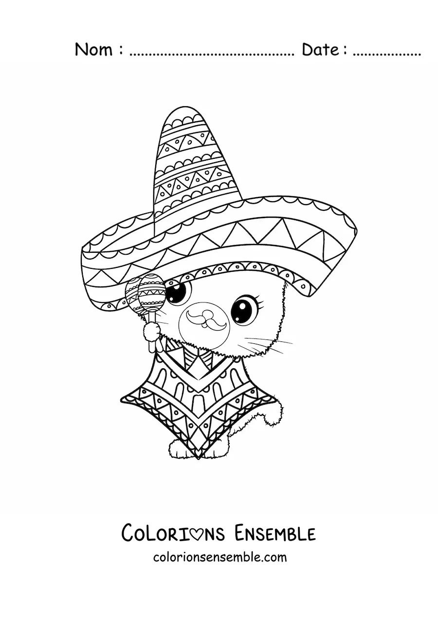 Image à colorier d'un chat mariachi rigolo