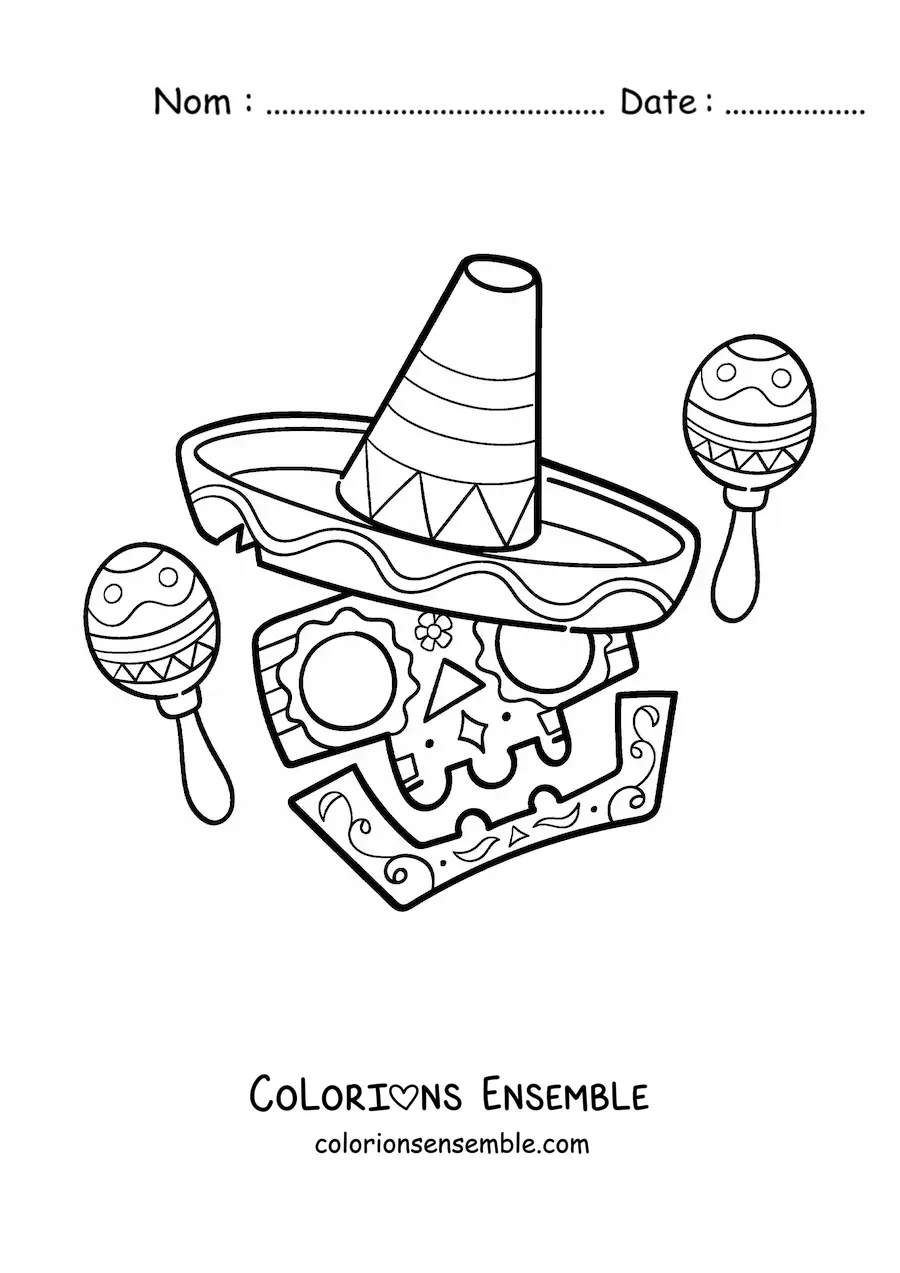 Image à colorier d'un crâne mexicain rigolo avec des maracas
